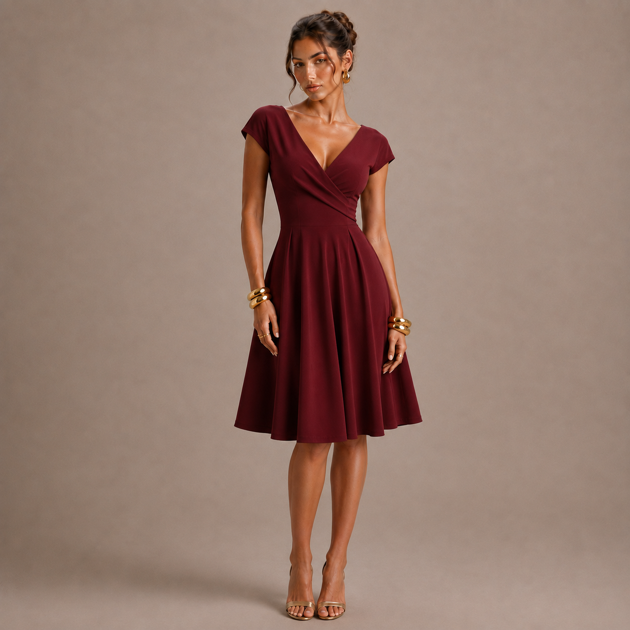 Vestido Elegante Cuello Redondo, Manga Corta