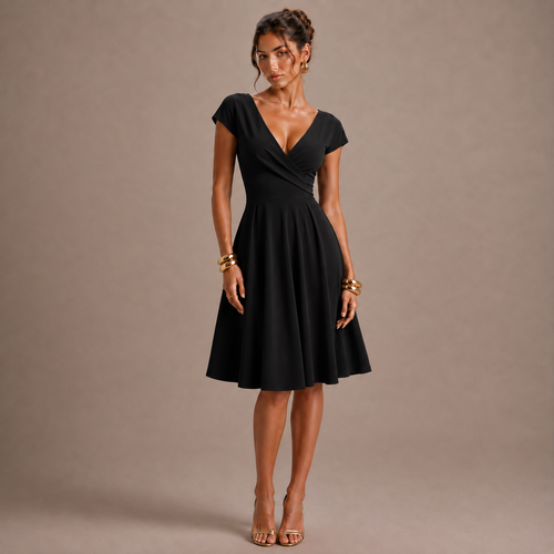 Vestido Elegante Cuello Redondo, Manga Corta