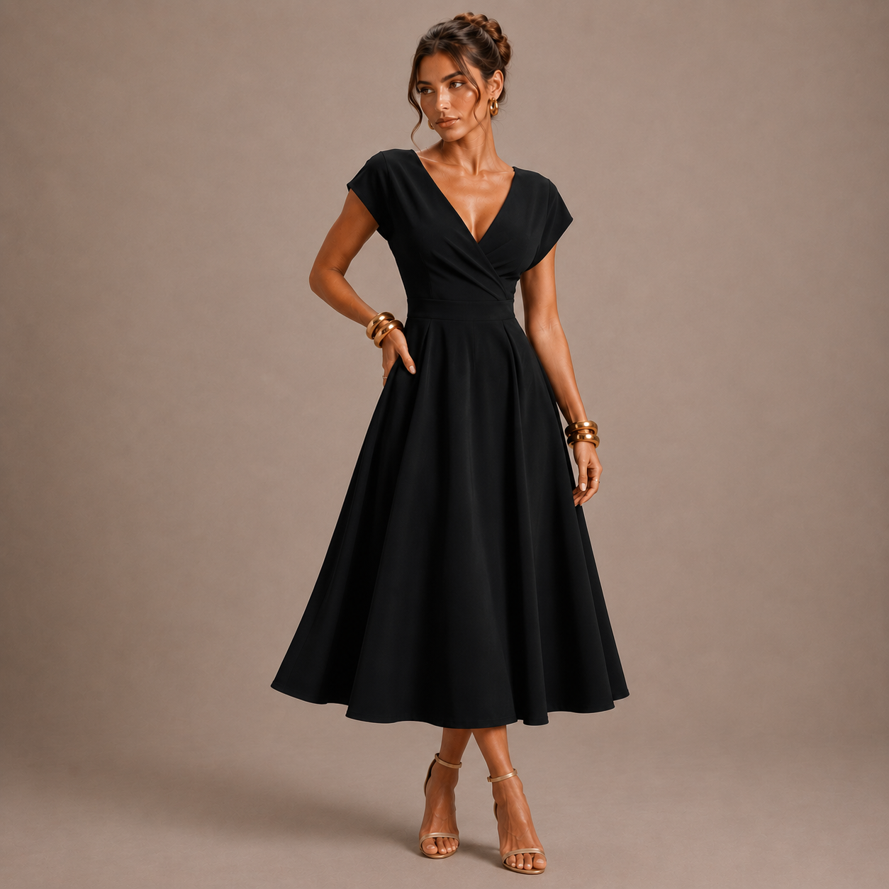 Vestido elegante con mangas de murciélago y cuello en V