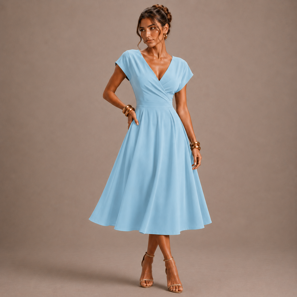 Vestido elegante con mangas de murciélago y cuello en V