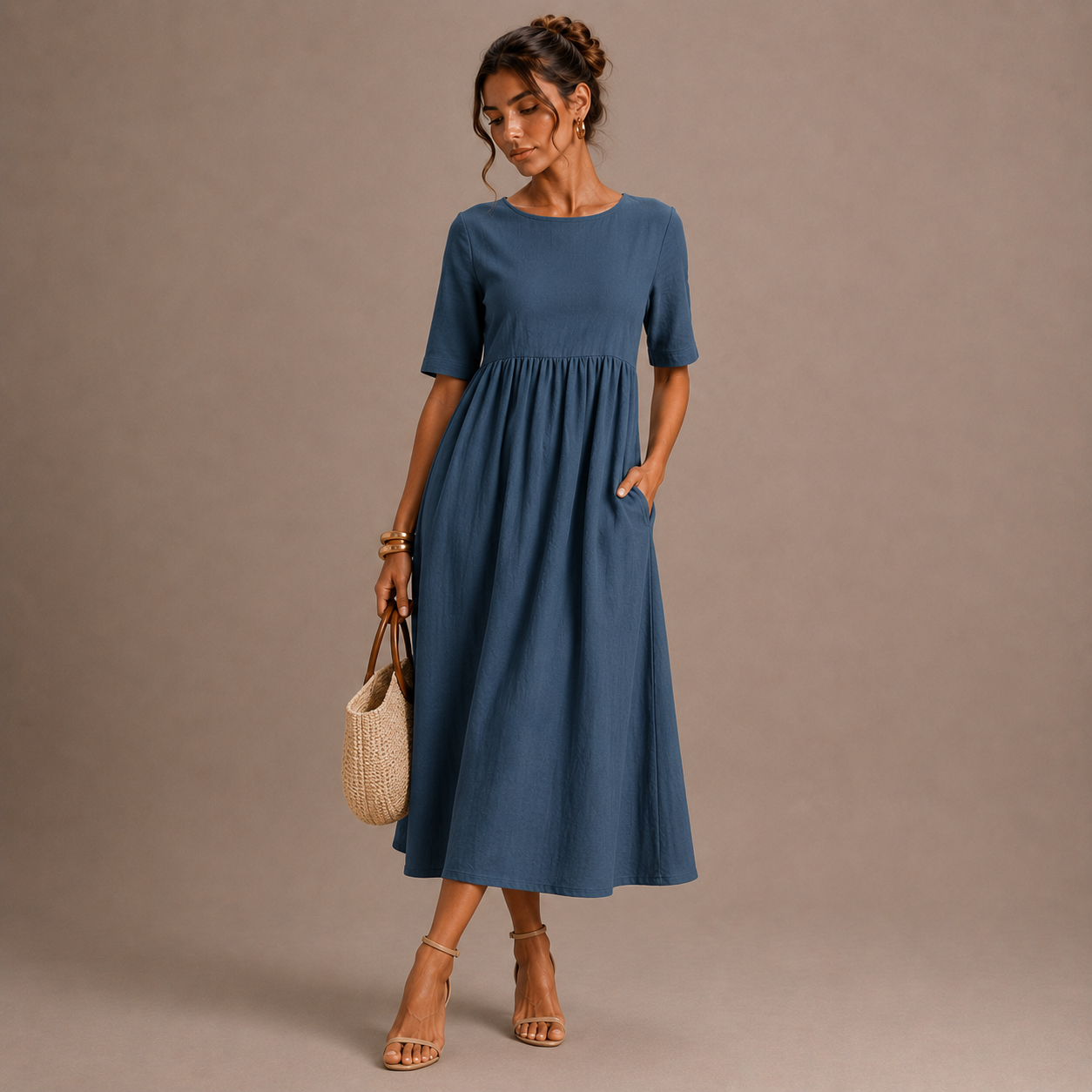 Vestido para Mujer de Cuello Redondo, con Bolsillos, de Manga Corta