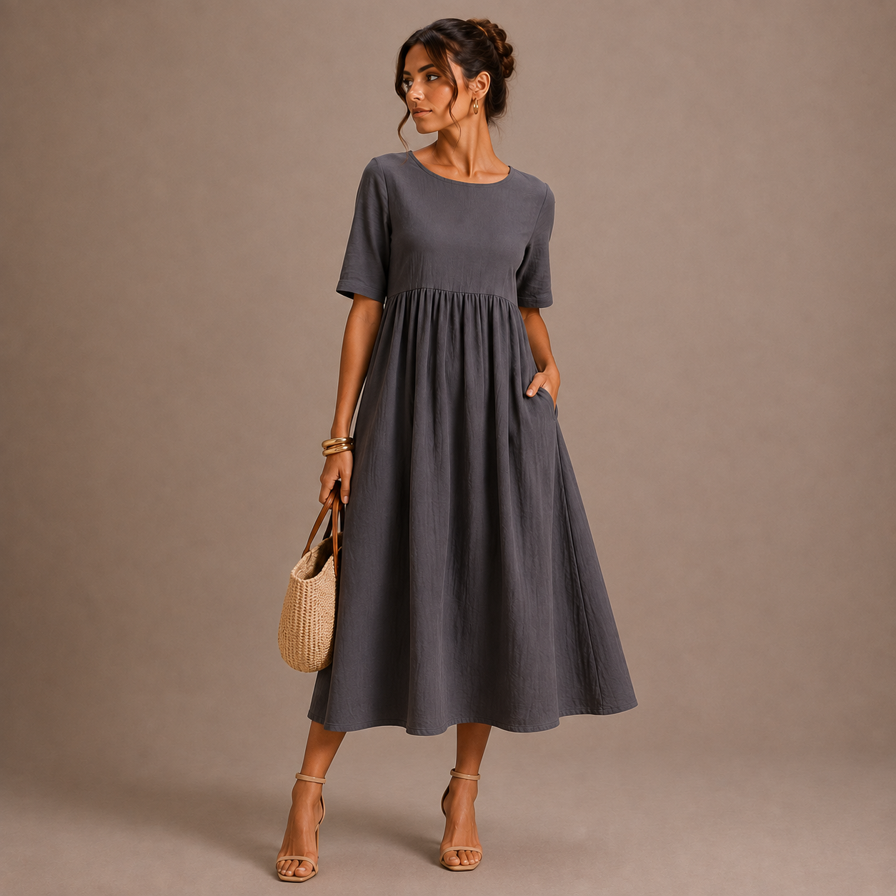 Vestido para Mujer de Cuello Redondo, con Bolsillos, de Manga Corta