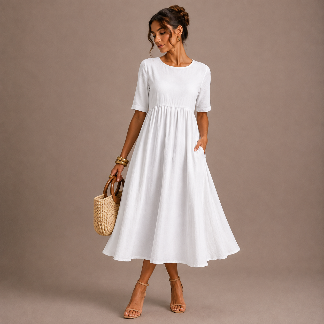 Vestido para Mujer de Cuello Redondo, con Bolsillos, de Manga Corta