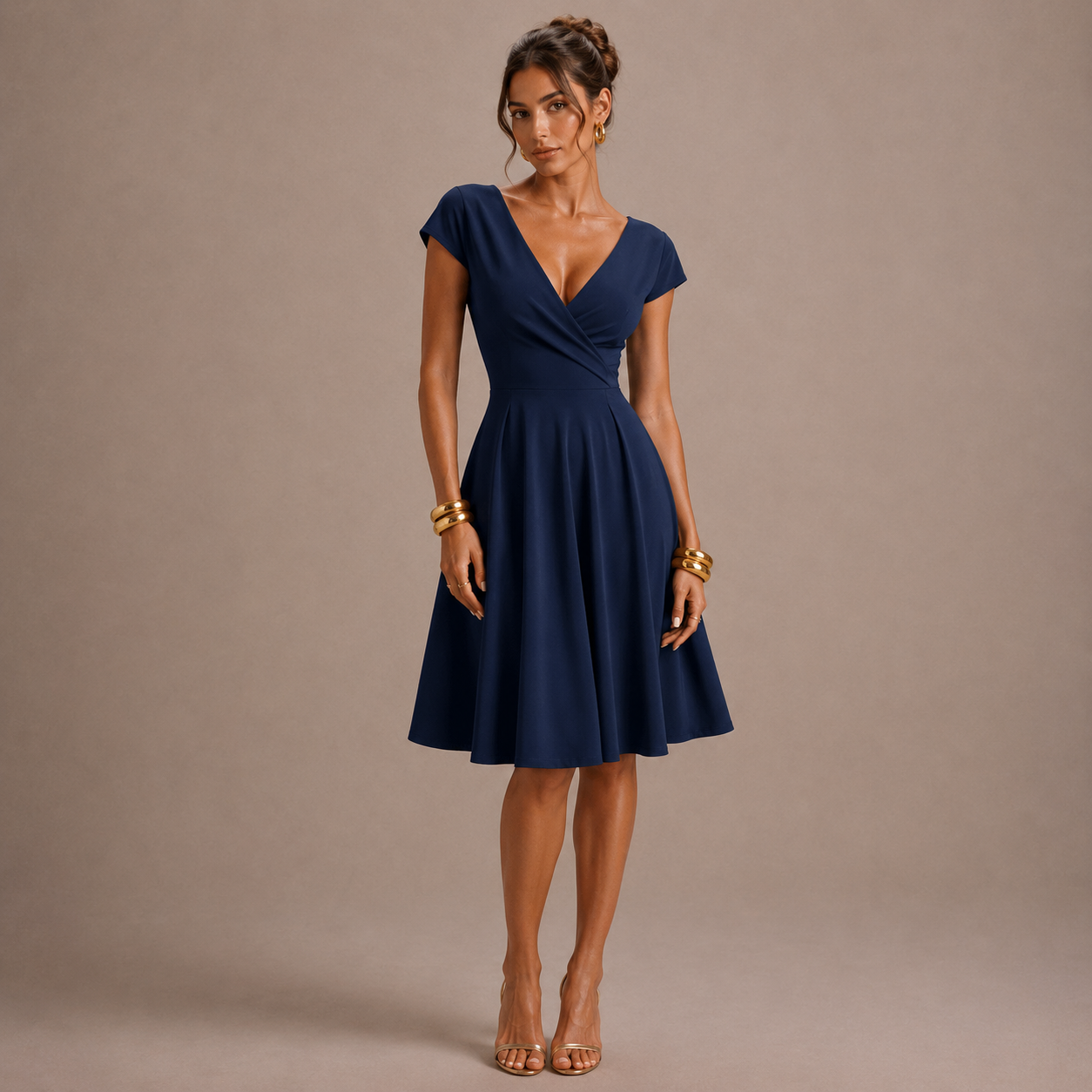 Vestido Elegante Cuello Redondo, Manga Corta