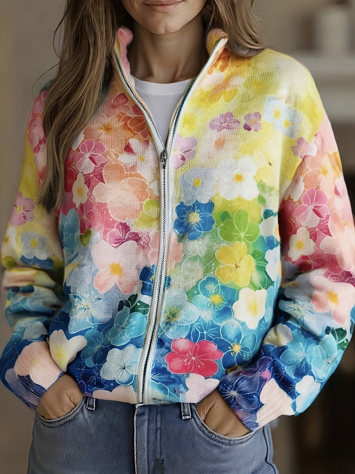 Augusta | Cárdigan con cremallera floral acuarela