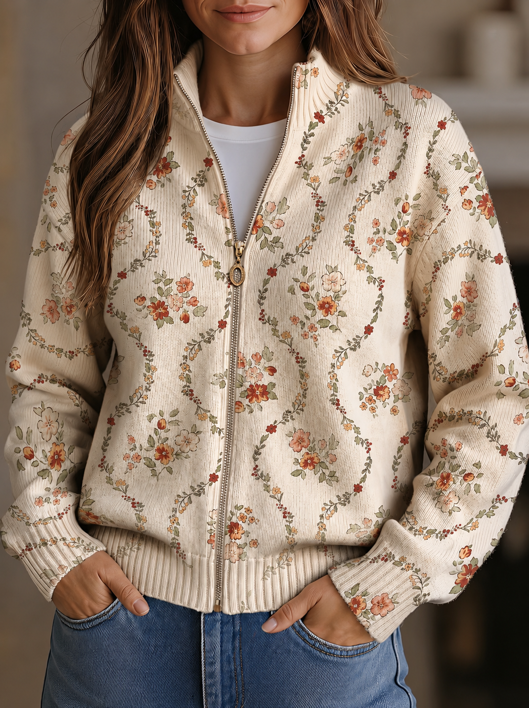 Persephone | Cárdigan con cremallera floral crema