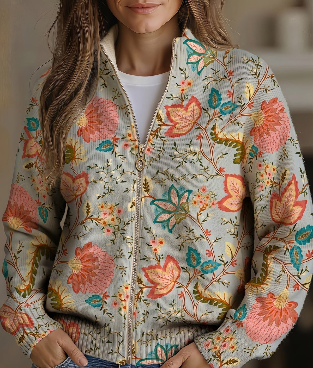 Xanthe | Cárdigan con cremallera jardín floral vintage